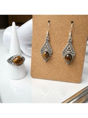 Sterling Silver Tiger’s Eye Ring & Dangle Earrings Set New Handcrafted Ring 8.75